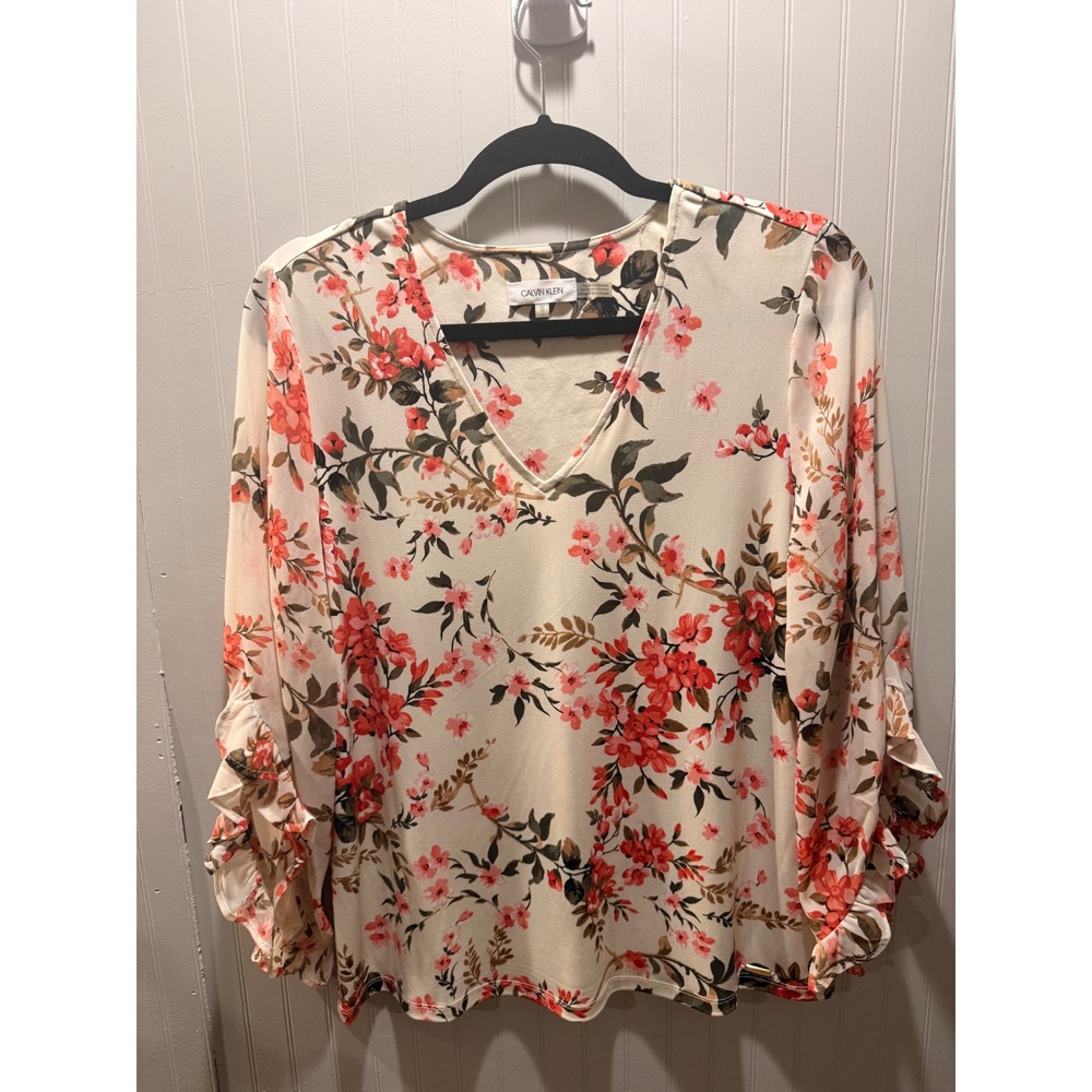 Calvin Klein Floral V-Neck Blouse Orange Pink Ruffle Cuff Long Sleeve Top